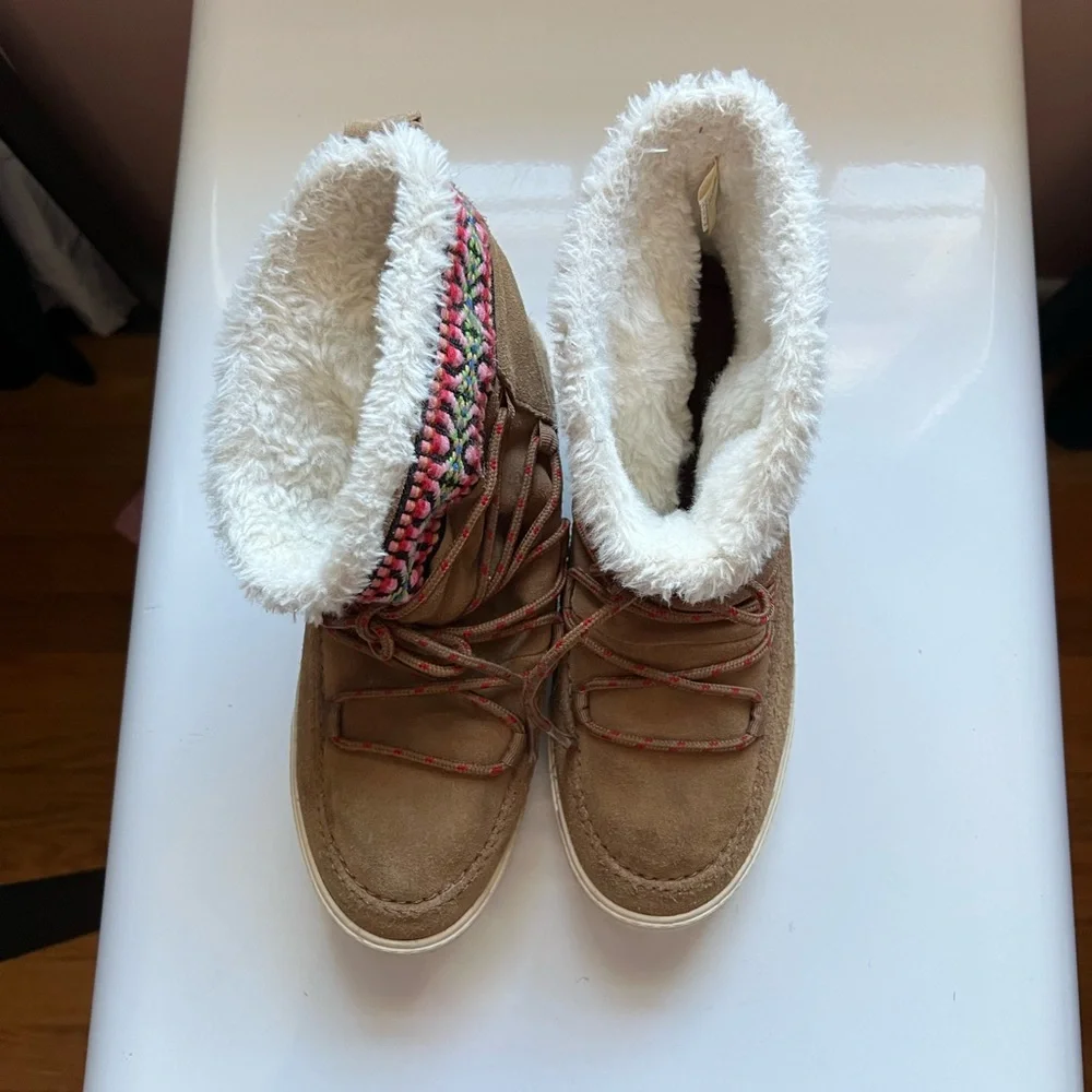 TOMS Alpine Brown Suede Leather Lace Up Faux‎ Fur Ankle Sneaker Boots